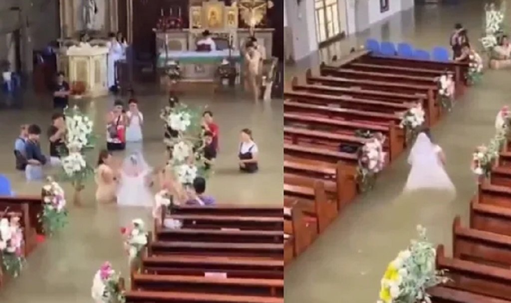 Se casaron dentro de una iglesia inundada 