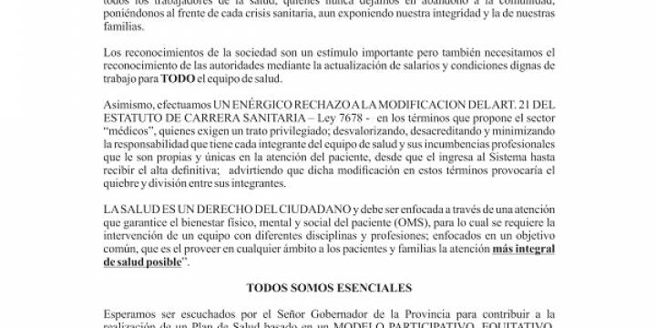 Profesionales de la Salud piden ser recibidos por el Gobernador
